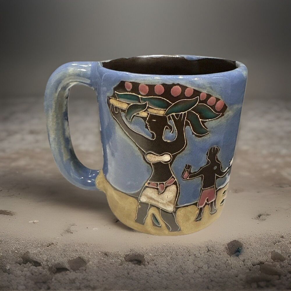 Mara Stoneware Coffee Mug Woman Carrying Basket Coffee Beans Blue Folk Art